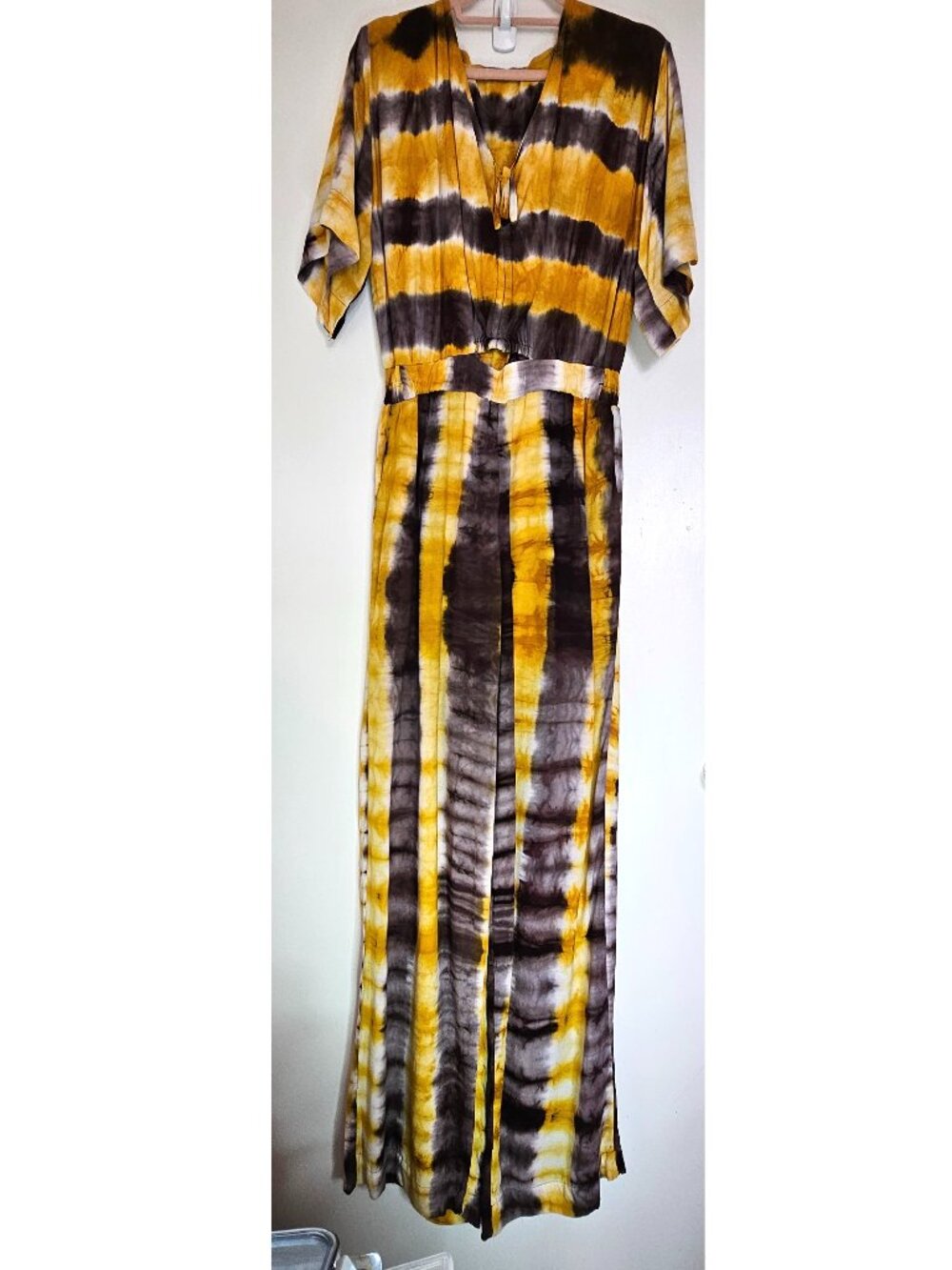 Ikalook Boho Tie Dye Wide Leg Jumpsuit Maxi Romper Yellow Brown One-Piece Suit M